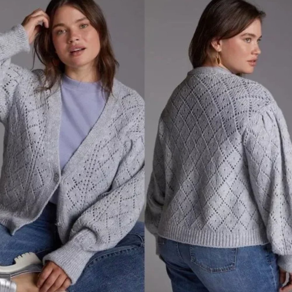 Gray Silver Anthropologie Pointelle Cardigan Sweater 2X